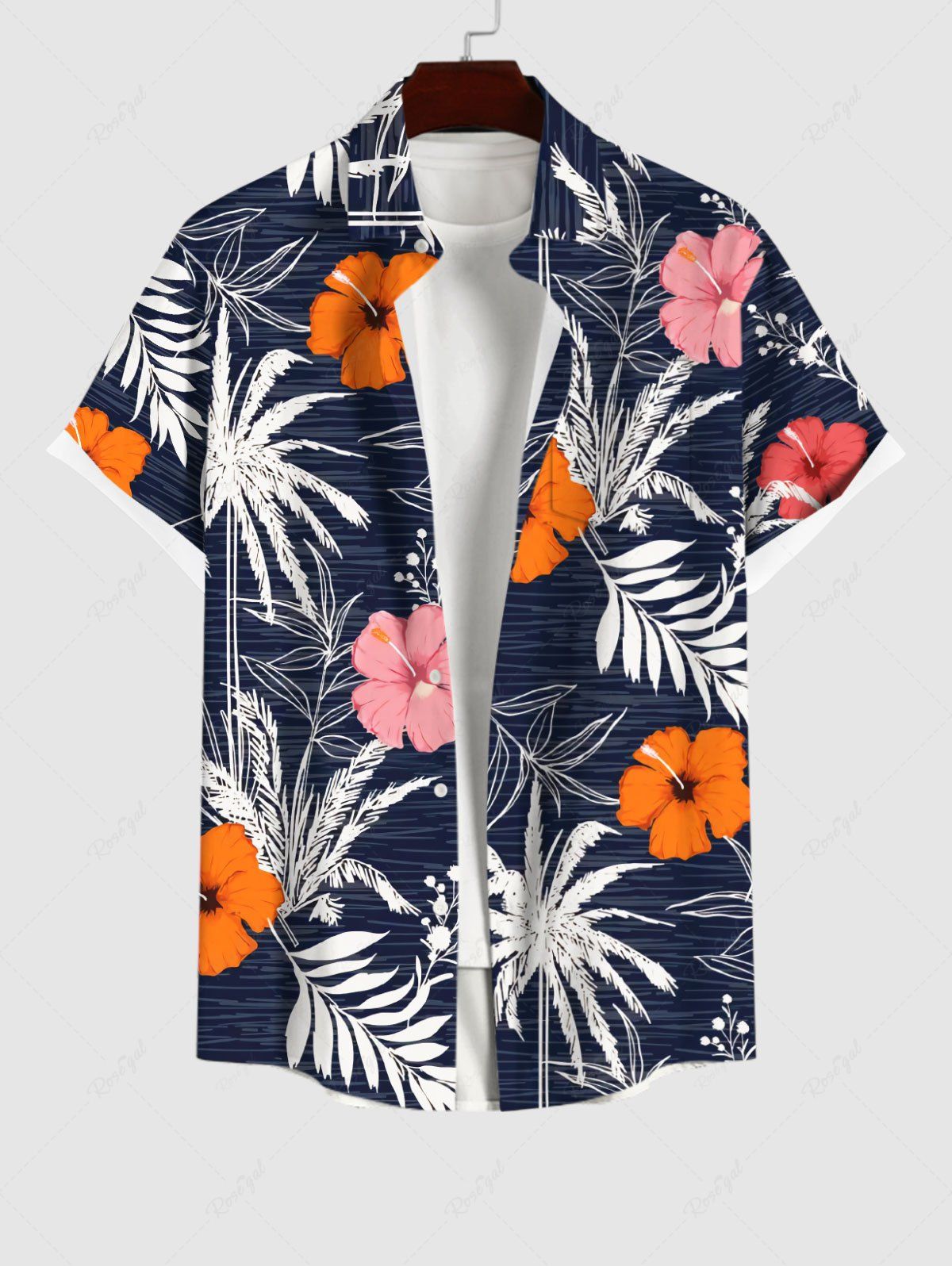 Shop Plus Size Tropical Leaf Hibiscus Flower Coconut Tree Print Buttons Pocket Hawaii Shirt For Men  
