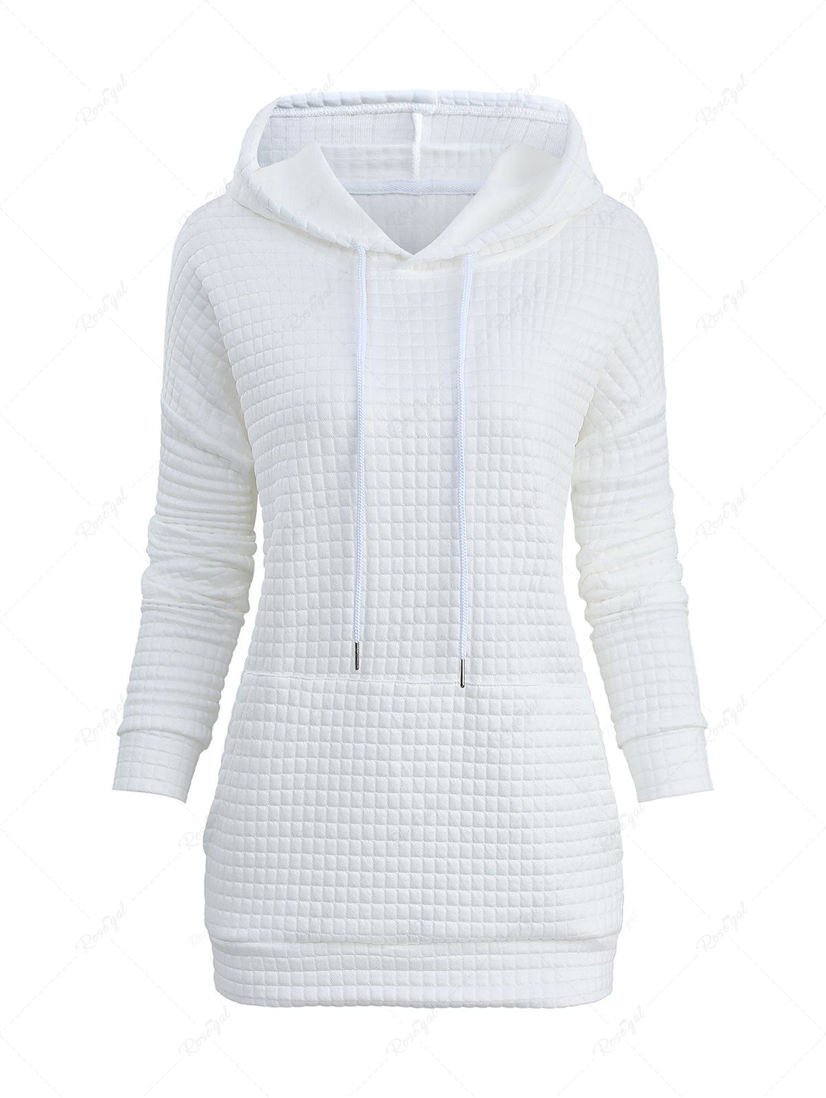 New Plaid Textured Kangaroo Pocket Drawstring Solid Pullover Long Sleeves Hoodie  
