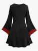 Plus Size Flare Sleeves Skeleton Lovers Crown Fire Flame Contrast Piping Print Halloween Costume A Line Dress -  