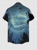 Plus Size Eagle Moon Ombre Sky Tree Forest Print Halloween Button Pocket Shirt For Men -  