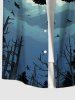 Plus Size Eagle Moon Ombre Sky Tree Forest Print Halloween Button Pocket Shirt For Men -  
