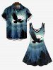 Plus Size Eagle Moon Ombre Sky Tree Forest Print Halloween Button Pocket Shirt For Men -  