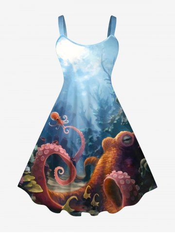 Plus Size Octopus Ombre Seabed Sunshine Print Hawaii A Line Tank Dress