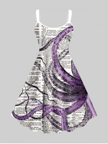 Plus Size Ink Painting Octopus Newspaper Print Hawaii A Line Tank Dress