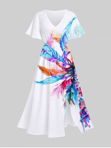 Plus Size Colorful Feather Coconut Tree Print Hawaii Split Pocket A Line Midi Dress - WHITE - S