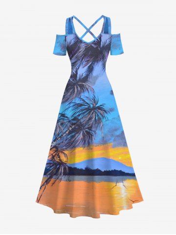 Plus Size Dog Coconut Tree Heart Print Surplice Hawaii Cami Dress