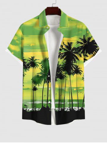 Plus Size Coconut Tree Bird Ombre Colorblock Sky Watercolor Print Buttons Pocket Hawaii Shirt For Men - GREEN - S