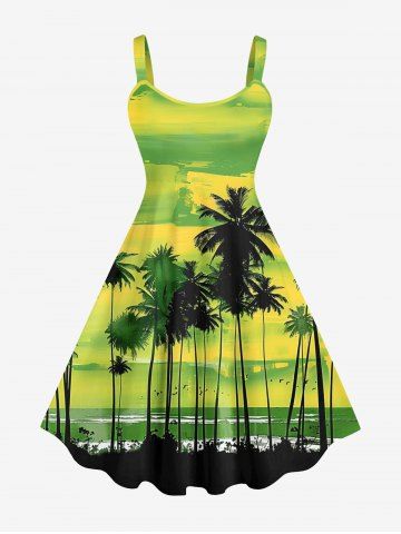 Plus Size Coconut Tree Bird Ombre Colorblock Sky Watercolor Print Hawaii Tank Dress - GREEN - M