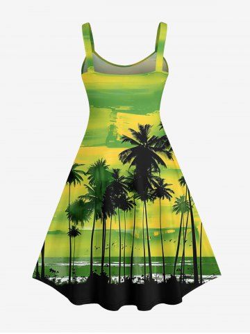 Plus Size Coconut Tree Bird Ombre Colorblock Sky Watercolor Print Hawaii Tank Dress