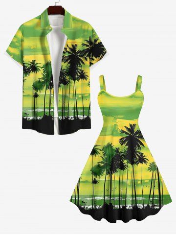 Plus Size Coconut Tree Bird Ombre Colorblock Sky Watercolor Print Hawaii Tank Dress