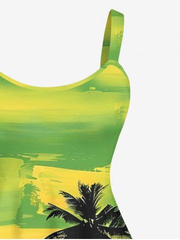 Plus Size Coconut Tree Bird Ombre Colorblock Sky Watercolor Print Hawaii Tank Dress