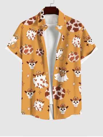 Plus Size Spotted Pumpkin Skull Hat Ghost Stars Print Halloween Button Pocket Shirt For Men - ORANGE - S