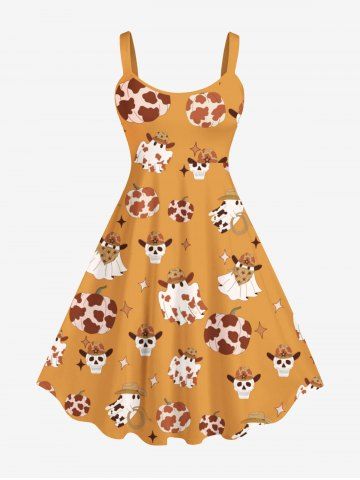 Plus Size Spotted Pumpkin Skull Hat Ghost Stars Print Halloween Costume A Line Tank Dress - ORANGE - XS