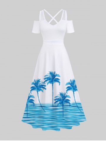 Plus Size Coconut Tree Sea Waves Print Cold Shoulder Crisscross Hawaii Maxi Dress - WHITE - 2X