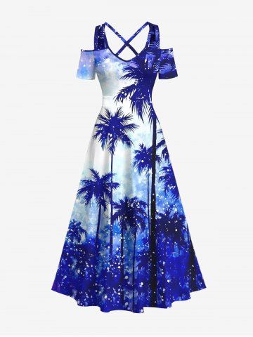 Plus Size Coconut Tree Ombre Tie Dye Sparkling Sequin 3D Print Cold Shoulder Crisscross Hawaii Maxi Dress - BLUE - S