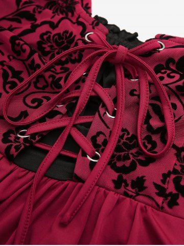 Plus Size Cold Shoulder Puff Sleeve Floral Mesh Flocking Lace Up 2 in 1 Top with PU Belt