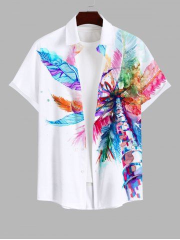Plus Size Colorful Feather Coconut Tree Print Hawaii Button Pocket Shirt For Men - WHITE - 6XL