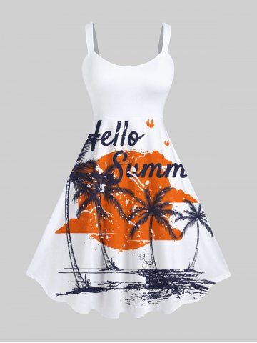 Plus Size Coconut Tree Sun Cloud Letters Print Hawaii Tank Dress - WHITE - XS