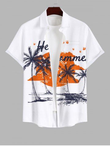 Plus Size Coconut Tree Sun Cloud Letters Print Buttons Pocket Hawaii Shirt For Men - WHITE - S