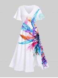 Plus Size Colorful Feather Coconut Tree Print Hawaii Split Pocket A Line Midi Dress -  