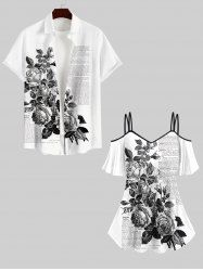 Rose Flower Leaf Newspapaer Print Plus Size Matching Set For Couples -  