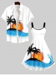 Coconut Tree Sun Sea Waves Print Plus Size Matching Hawaii Beach Outfit For Couples -  