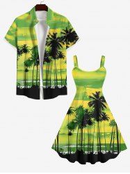 Coconut Tree Bird Ombre Colorblock Sky Watercolor Print Plus Size Matching Hawaii Beach Outfit For Couples -  