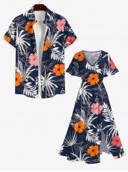 Tropical Leaf Hibiscus Flower Coconut Tree Print Plus Size Matching Hawaii Beach Outfit For Couples -  