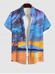Plus Size Coconut Tree Mountain Bird Sunset Color Sky Print Buttons Pocket Hawaii Shirt For Men -  