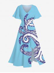 Plus Size Octopus Print Split Hawaii Midi Dress -  
