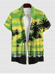 Plus Size Coconut Tree Bird Ombre Colorblock Sky Watercolor Print Buttons Pocket Hawaii Shirt For Men -  