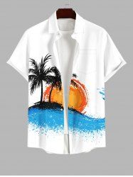 Plus Size Coconut Tree Sun Sea Waves Print Buttons Pocket Hawaii Shirt For Men -  