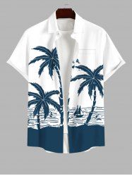Plus Size Coconut Tree Sea Sailboat Colorblock Print Buttons Pocket Hawaii Shirt For Men -  