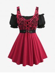 Haut Fleuri en Maille à Epaule Dénudée à Manches Bouffantes de Grande Taille en PU avec Ceinture - Rouge 2X | US 18-20