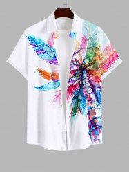 Plus Size Colorful Feather Coconut Tree Print Hawaii Button Pocket Shirt For Men -  