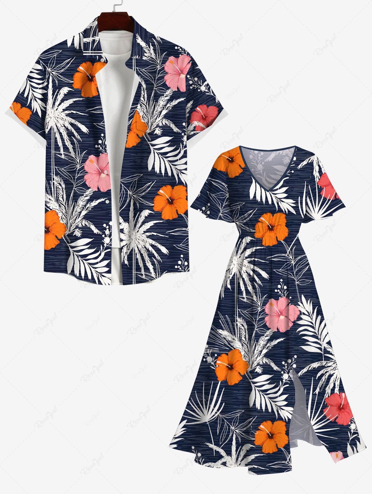 Hot Tropical Leaf Hibiscus Flower Coconut Tree Print Plus Size Matching Hawaii Beach Outfit For Couples  