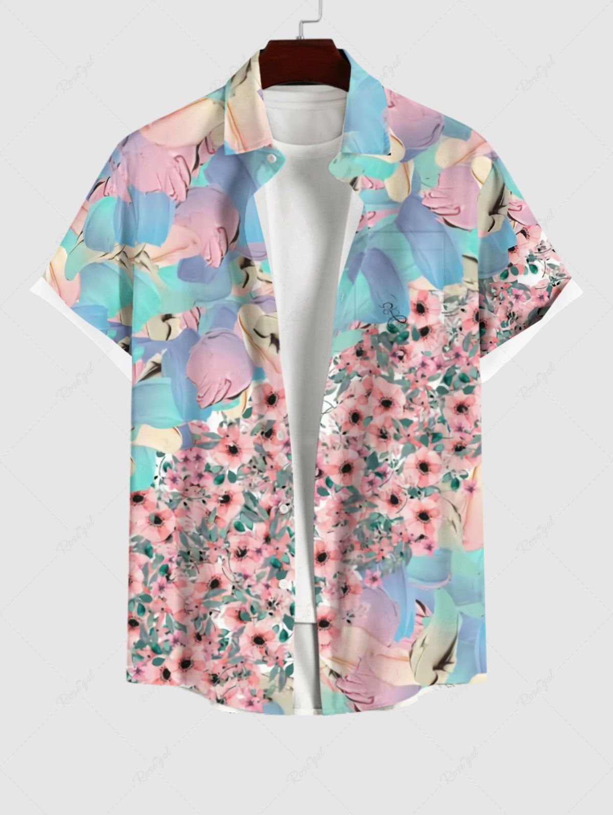Trendy Plus Size Floral Painting Colorblock Print Hawaii Button Pocket Shirt For Men  