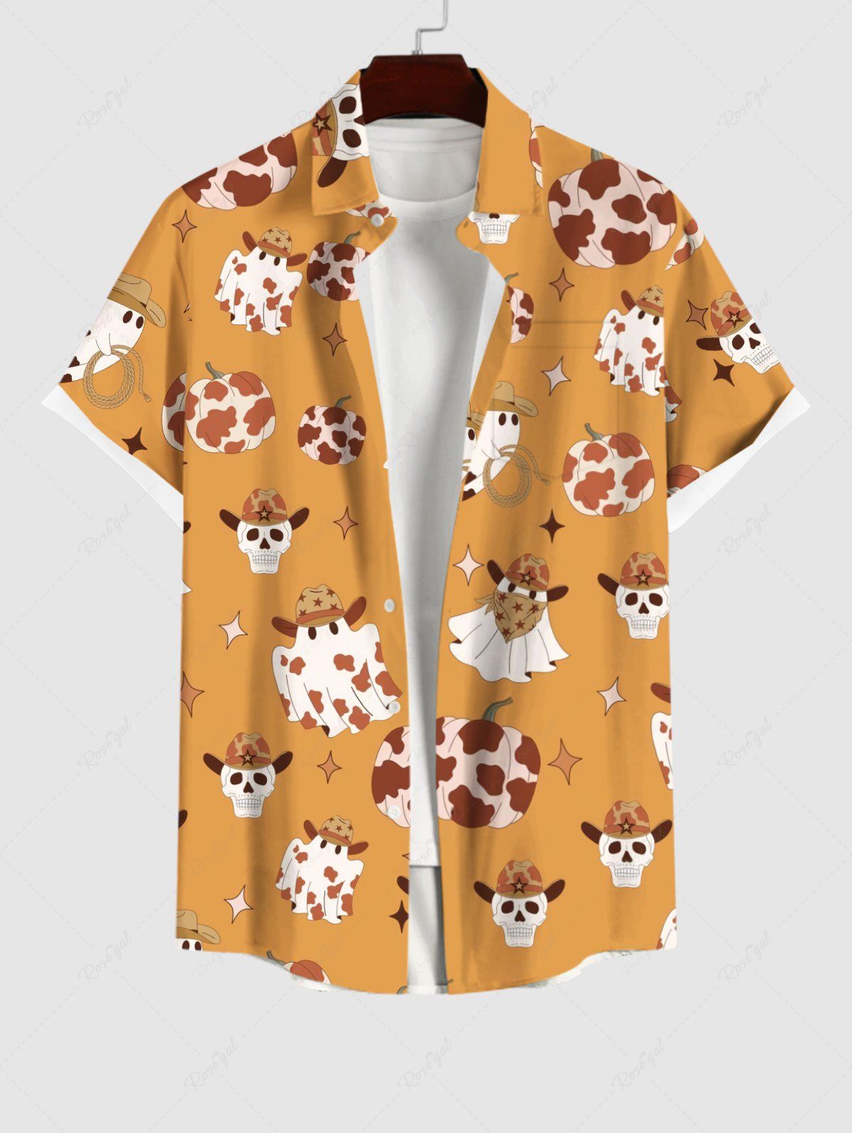 Chemise avec Boutons à Imprimé Crâne Etoiles et Citrouille D'Halloween Grande-Taille pour Hommes Orange 4XL