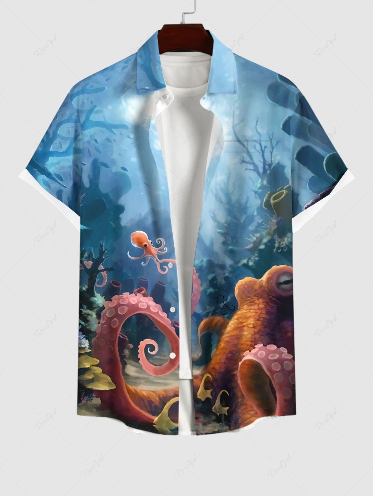 Chic Plus Size Octopus Ombre Seabed Print Hawaii Button Pocket Shirt For Men  