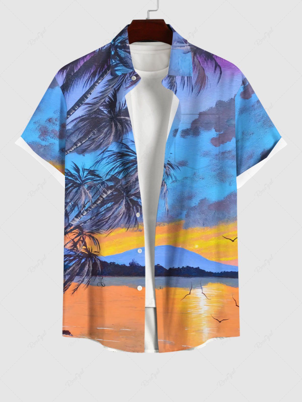 Best Plus Size Coconut Tree Mountain Bird Sunset Color Sky Print Buttons Pocket Hawaii Shirt For Men  