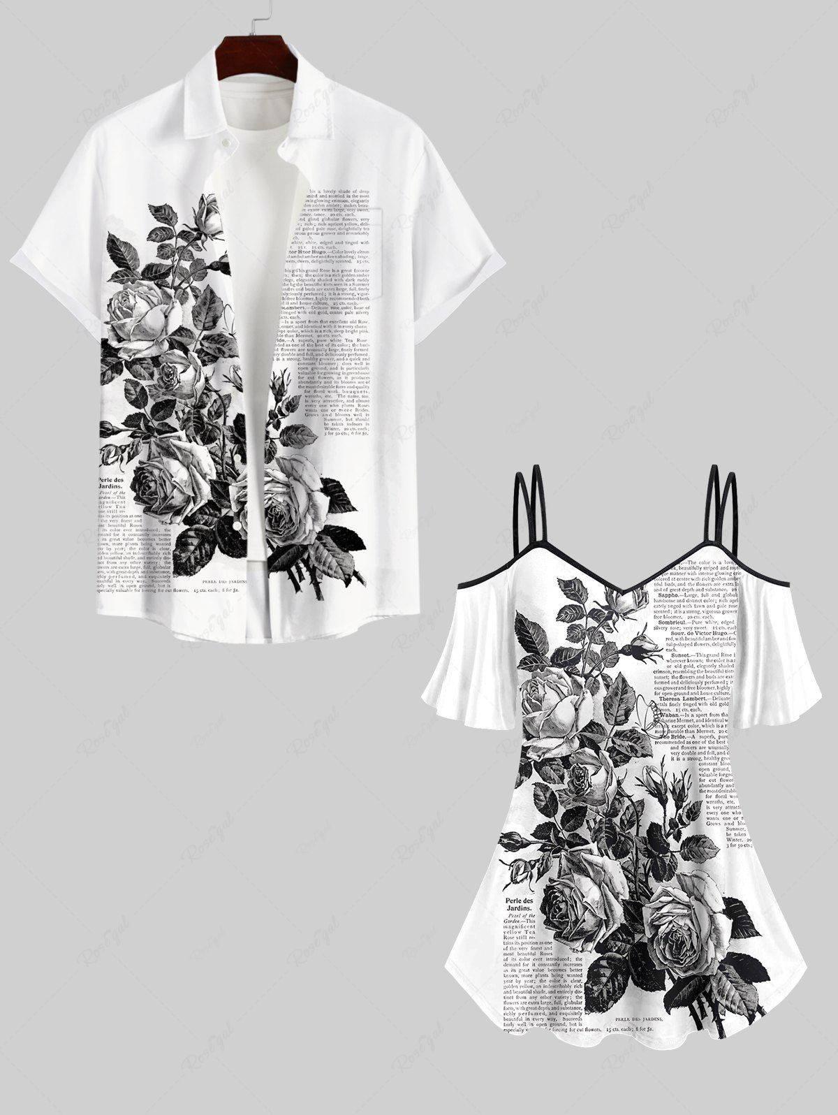 Hot Rose Flower Leaf Newspapaer Print Plus Size Matching Set For Couples  