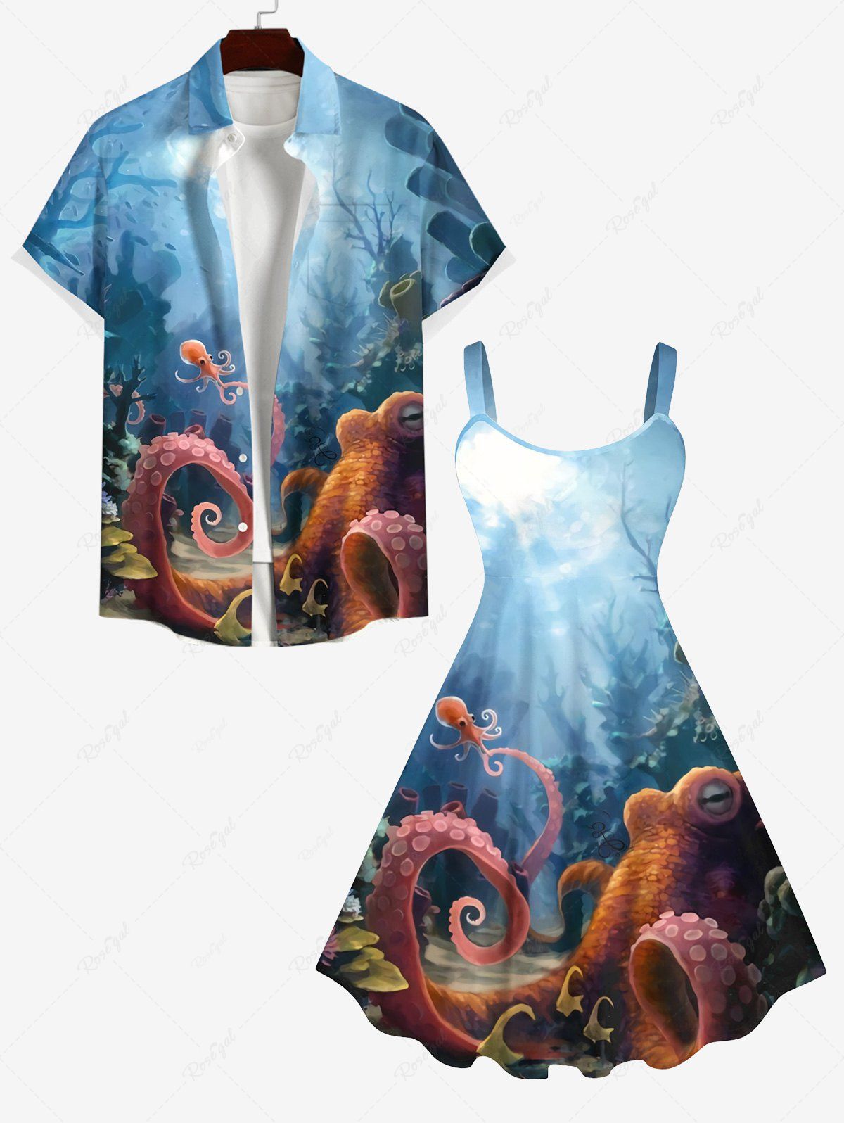 Cheap Octopus Ombre Seabed Sunshine Print Plus Size Matching Hawaii Beach Outfit For Couples  