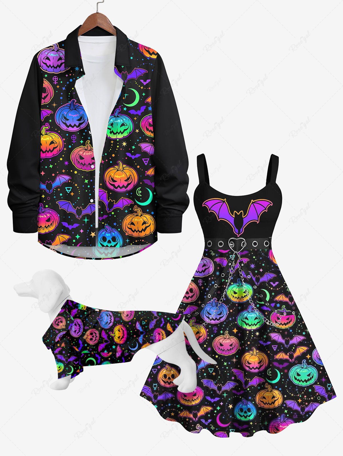 Fancy Halloween Costume Colorful Pumpkin Star Moon Bat Print Dog and Owner Matching Outfits  