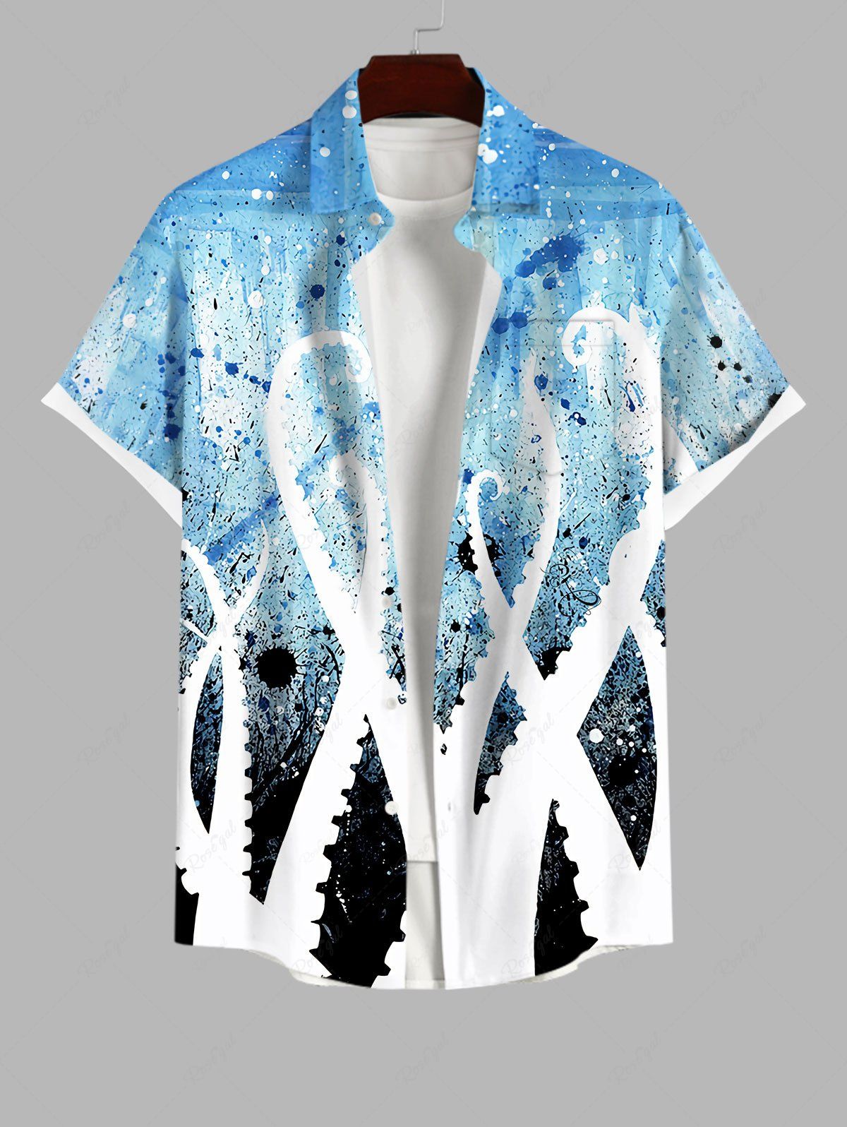 Best Plus Size Octopus Ink Painting Splatter Tie Dye Print Hawaii Button Pocket Shirt For Men  