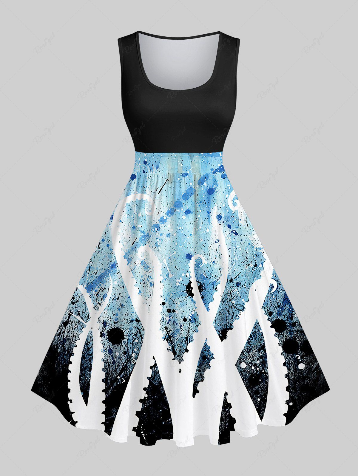 Shops Plus Size Octopus Ink Painting Splatter Tie Dye Print Hawaii Vintage Swing A Line Dress  