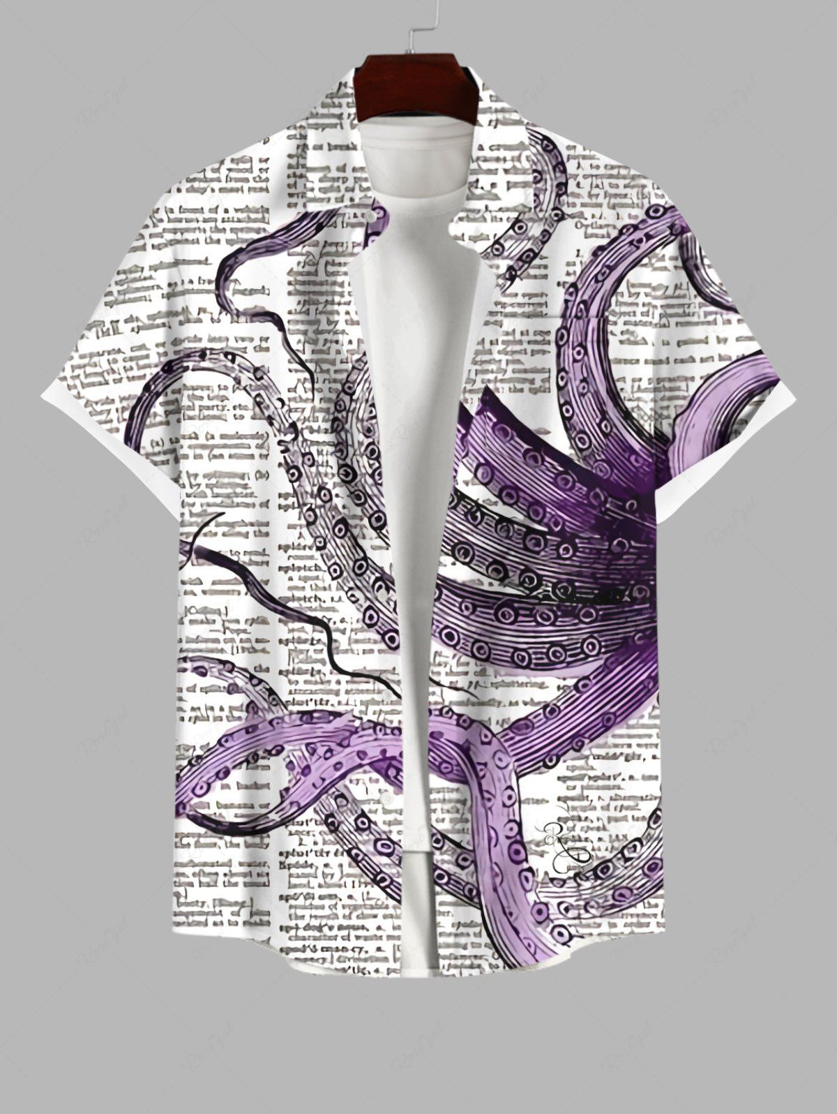 Chic Plus Size Ink Painting Octopus Newspaper Print Hawaii Button Pocket Shirt For Men  