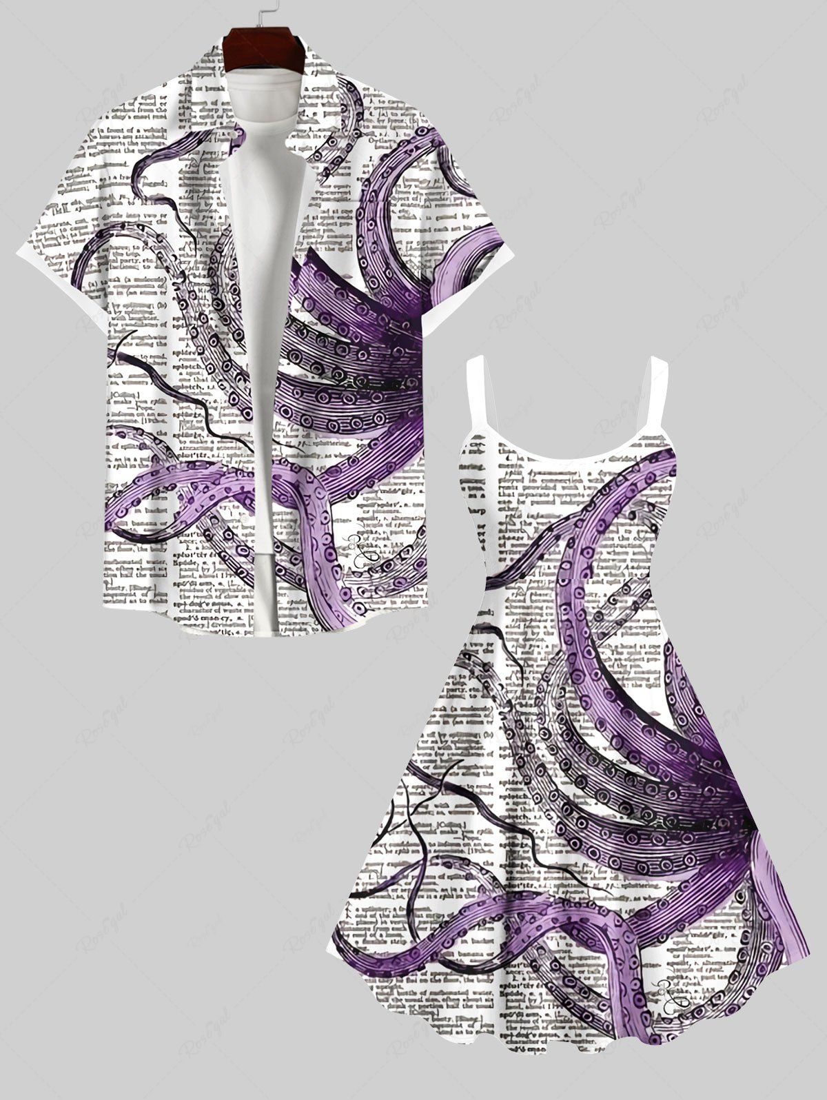 Chic Ink Painting Octopus Newspaper Print Plus Size Matching Hawaii Beach Outfit For Couples  