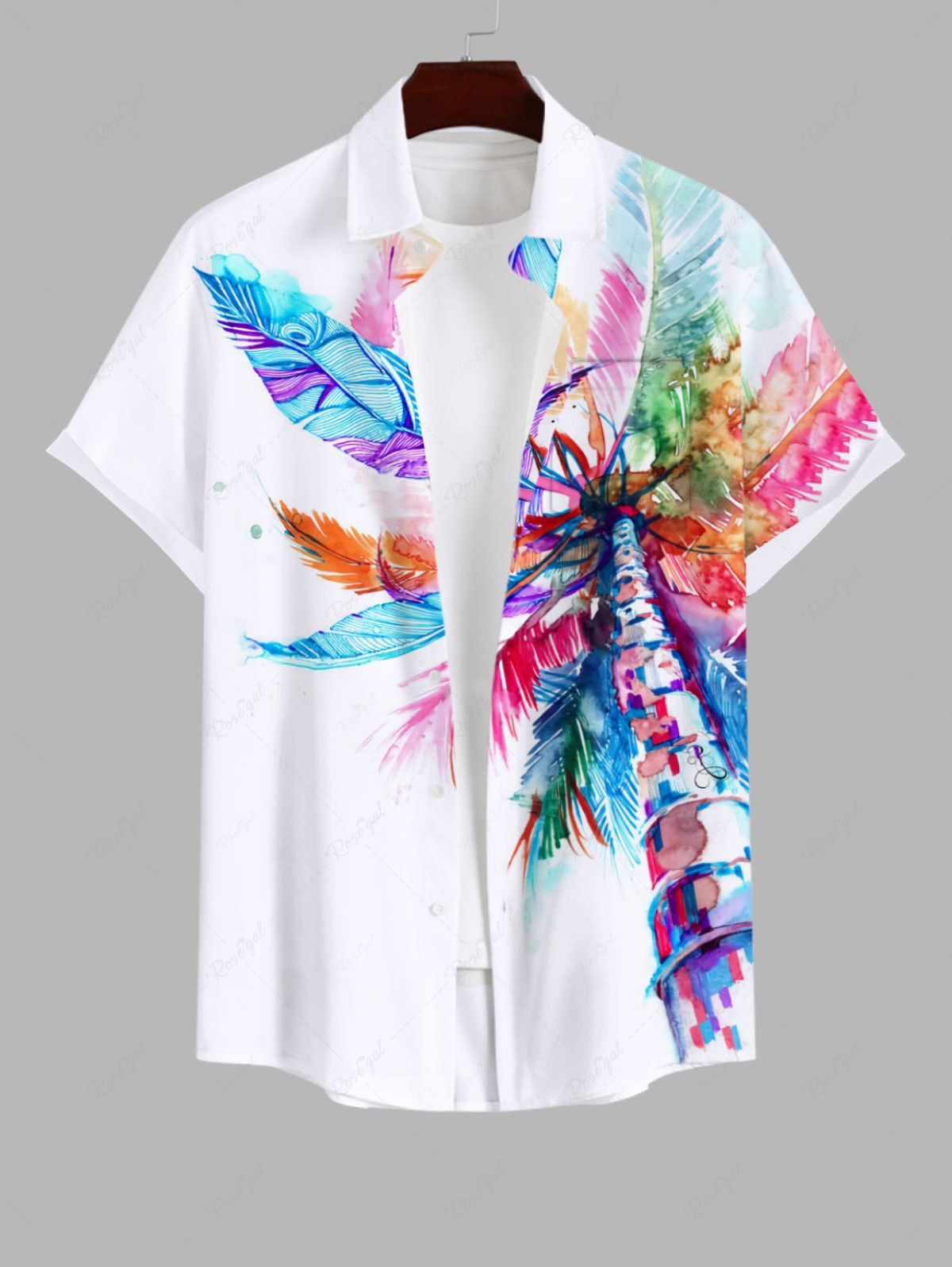 Fancy Plus Size Colorful Feather Coconut Tree Print Hawaii Button Pocket Shirt For Men  
