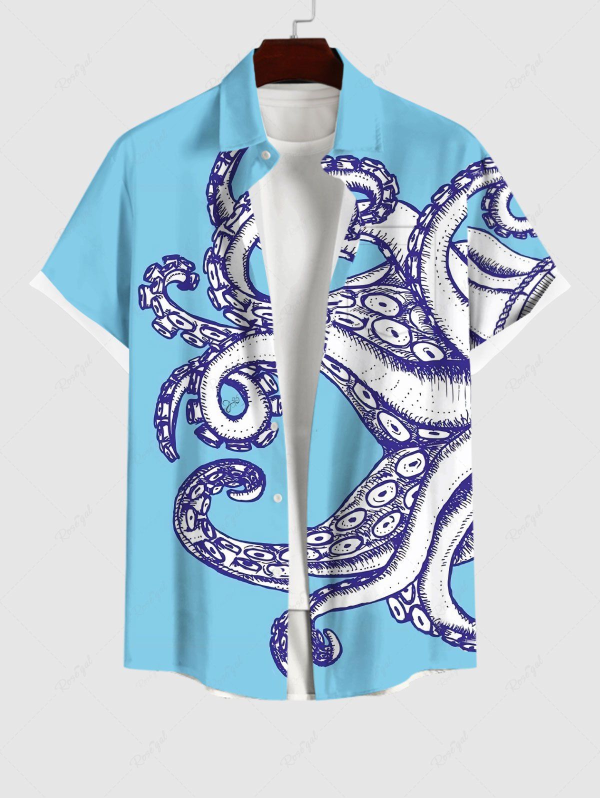 Online Plus Size Octopus Print Buttons Pocket Hawaii Shirt For Men  