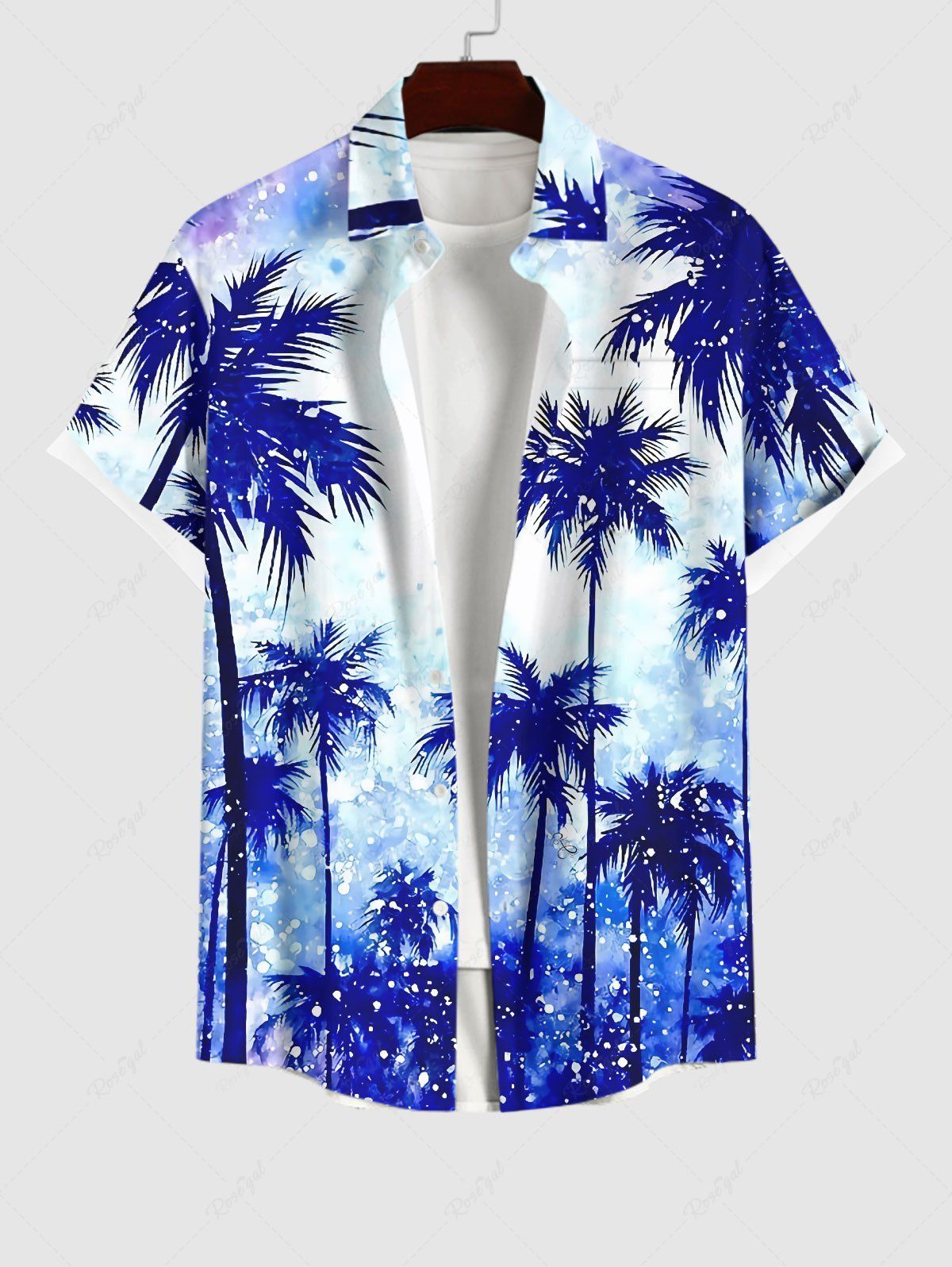 Trendy Plus Size Coconut Tree Ombre Tie Dye Sparkling Sequin 3D Print Buttons Pocket Hawaii Shirt For Men  